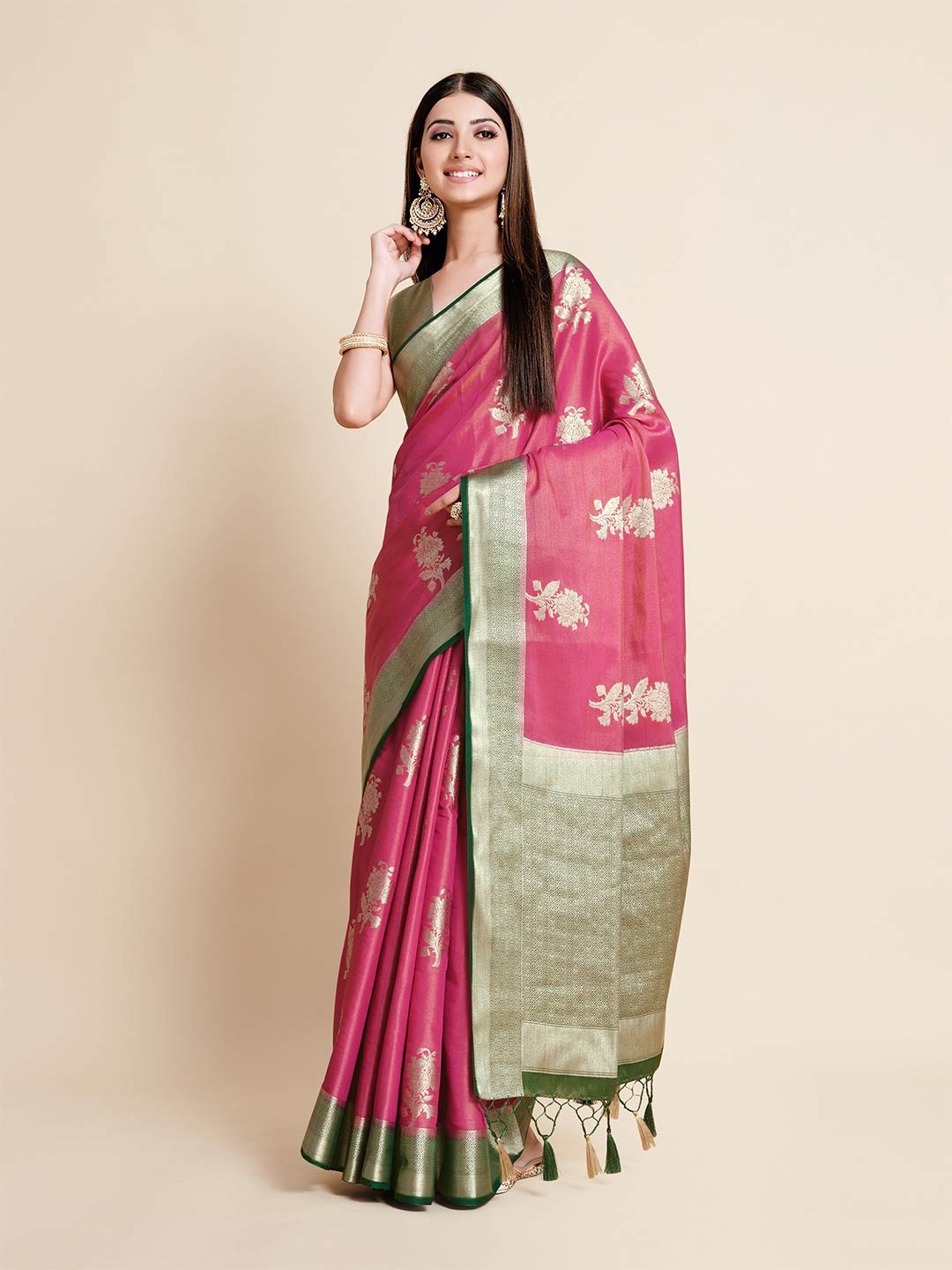 

MIMOSA Pink & Green Floral Zari Art Silk Kanjeevaram Saree