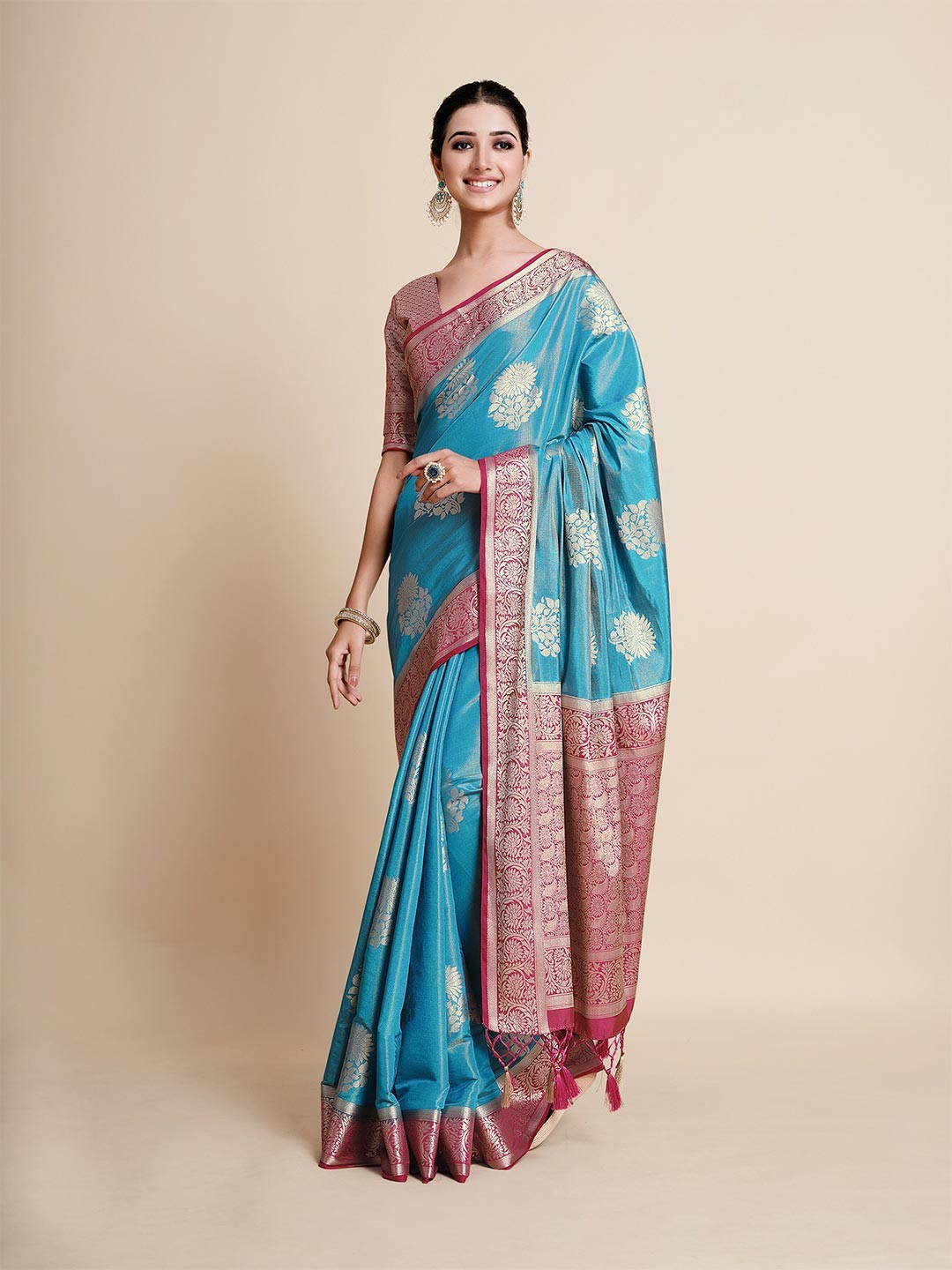 

MIMOSA Turquoise Blue & Pink Floral Zari Art Silk Kanjeevaram Saree