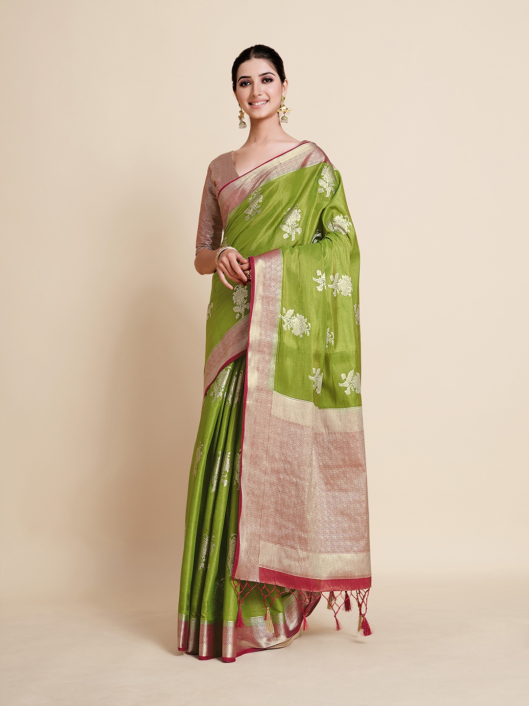 

MIMOSA Olive Green & Red Floral Zari Art Silk Kanjeevaram Saree