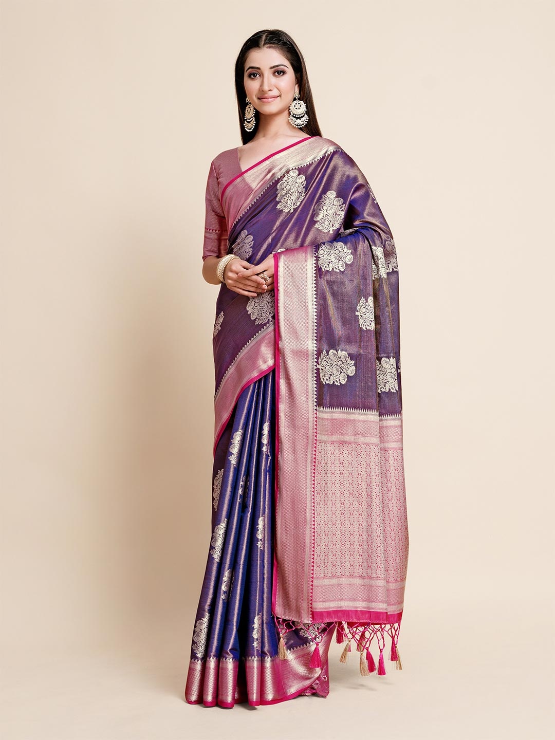 

MIMOSA Navy Blue & Red Floral Zari Art Silk Kanjeevaram Saree