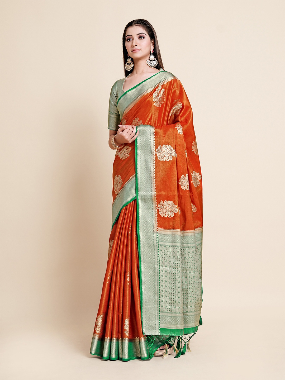 

MIMOSA Rust & Green Floral Zari Art Silk Kanjeevaram Saree