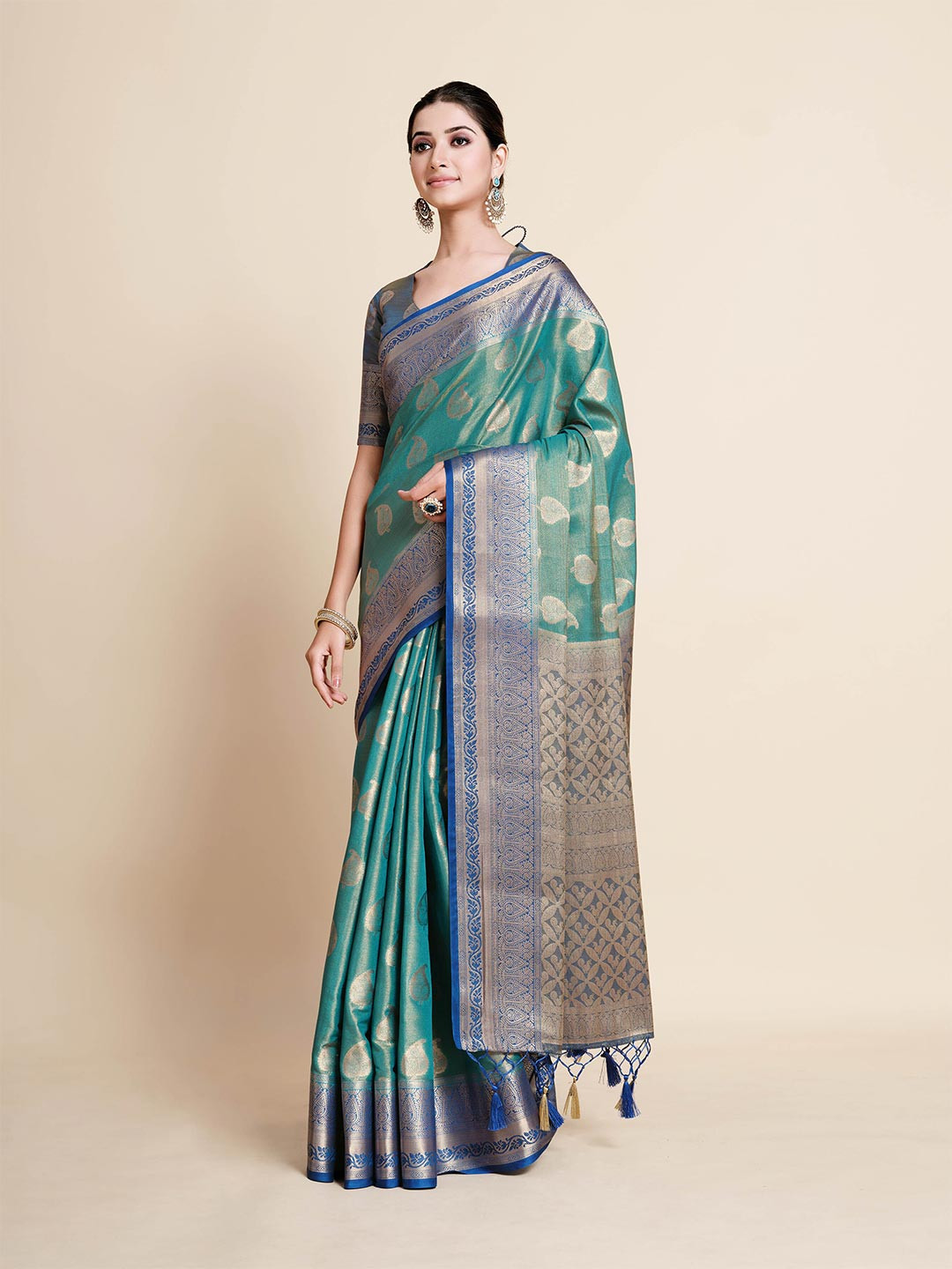 

MIMOSA Turquoise Blue & Gold-Toned Ethnic Motifs Zari Art Silk Kanjeevaram Saree