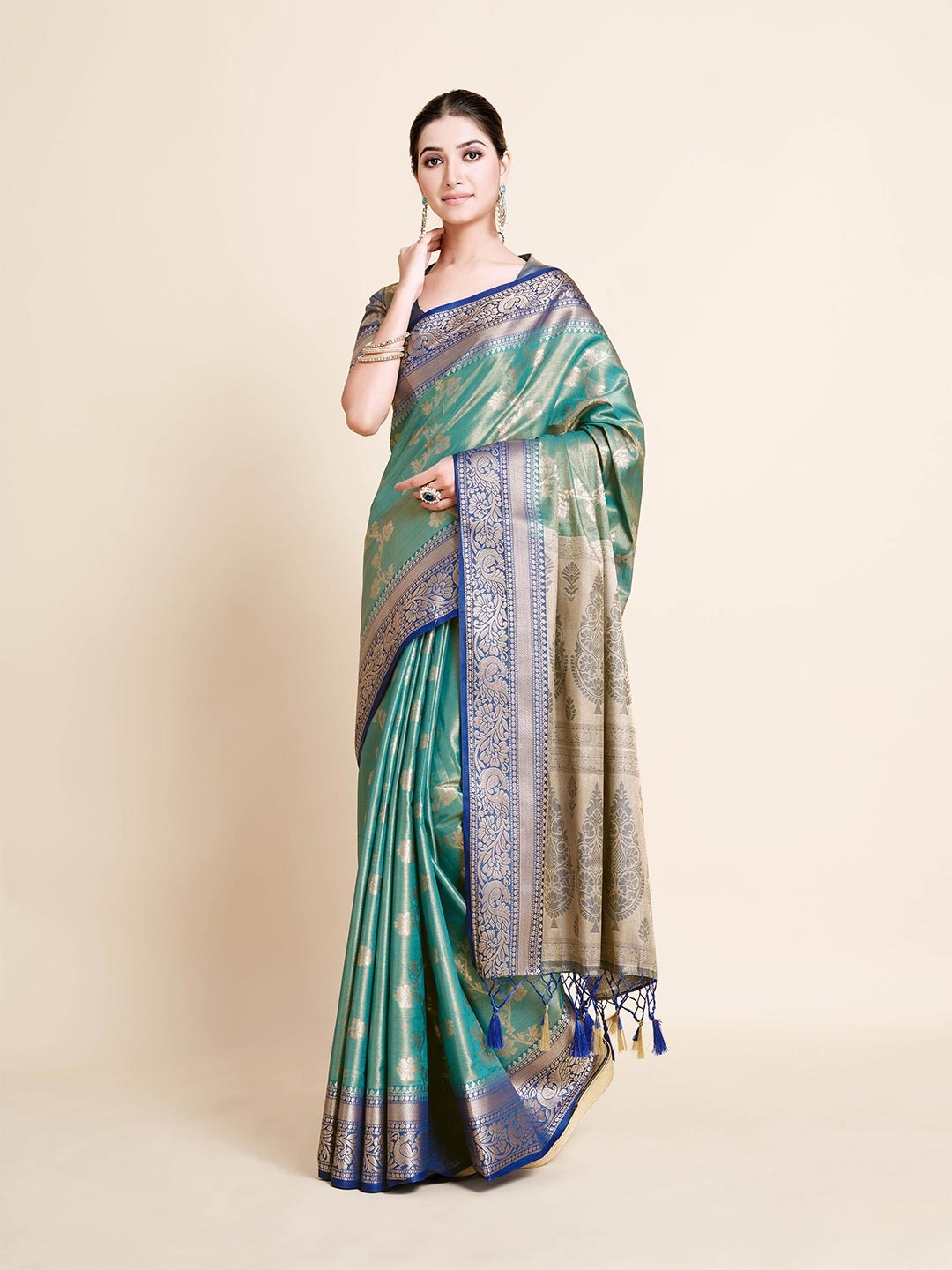 

MIMOSA Turquoise Blue & Gold-Toned Floral Zari Art Silk Kanjeevaram Saree