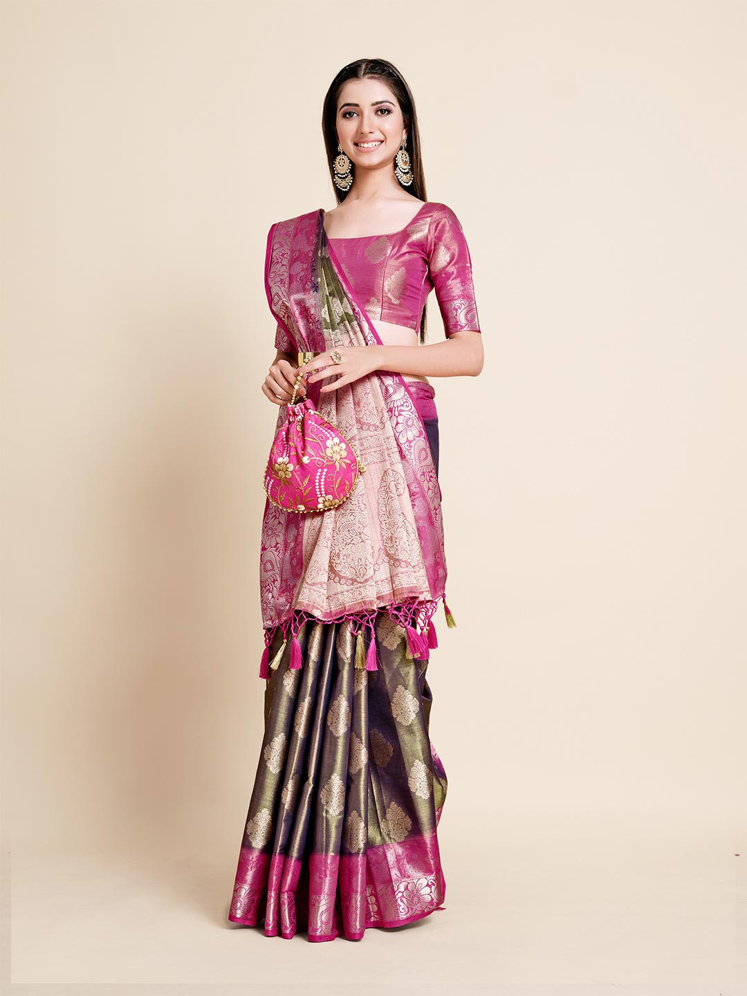 

MIMOSA Olive Green & Pink Woven Design Zari Art Silk Kanjeevaram Saree