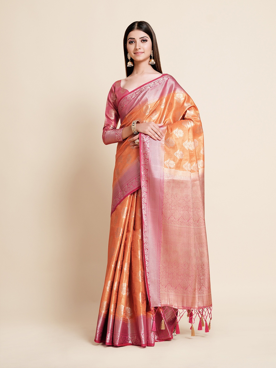 

MIMOSA Orange & Red Woven Design Zari Art Silk Kanjeevaram Saree