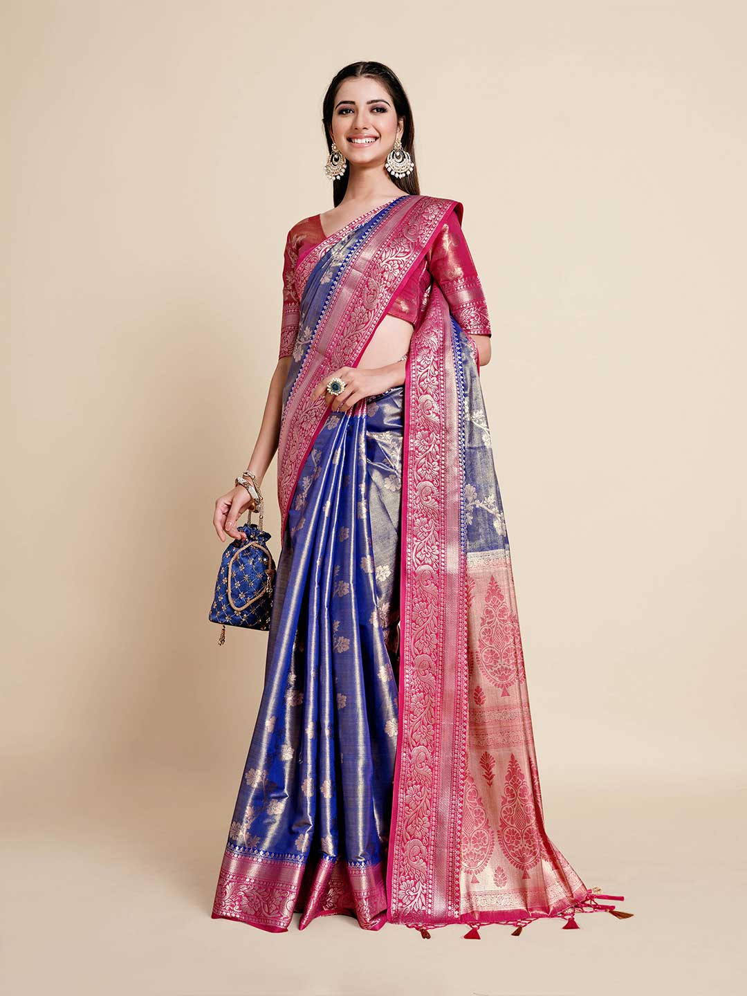 

MIMOSA Navy Blue & Pink Floral Zari Art Silk Kanjeevaram Saree