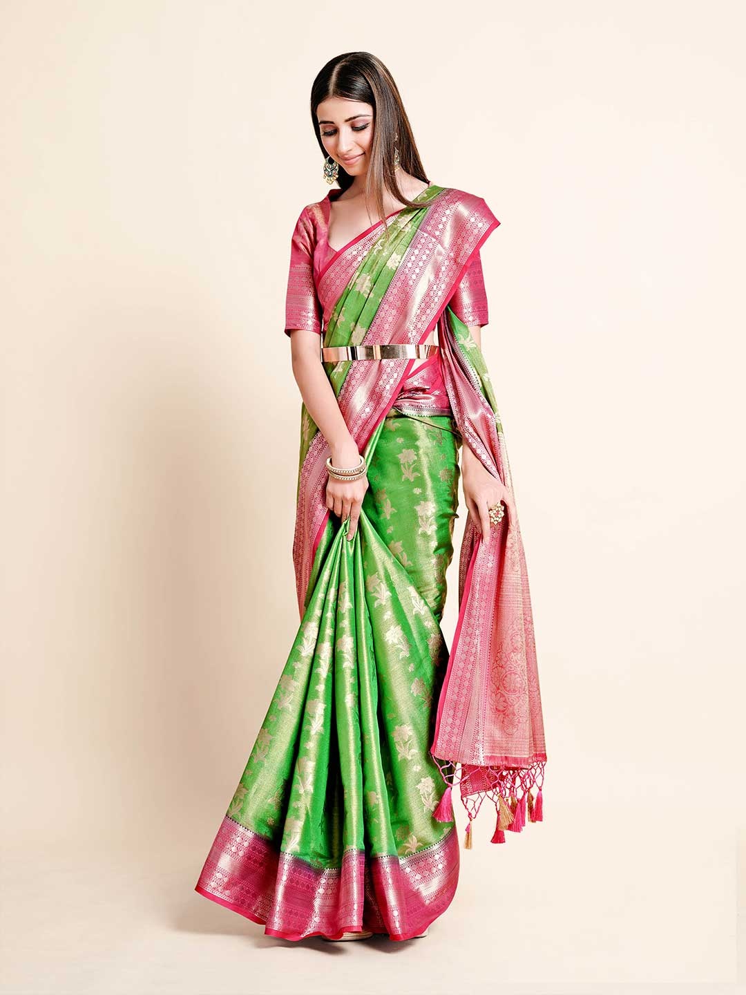 

MIMOSA Green & Pink Woven Design Zari Art Silk Kanjeevaram Saree