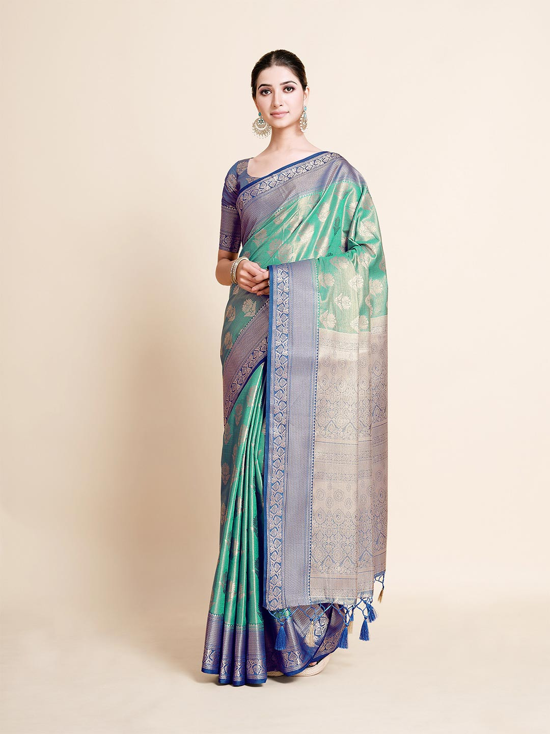 

MIMOSA Turquoise Blue & Blue Woven Design Zari Art Silk Kanjeevaram Saree