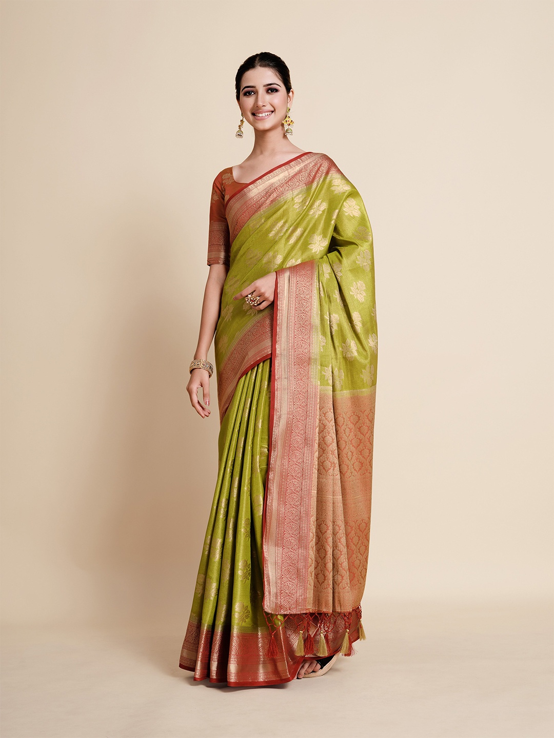 

MIMOSA Olive Green & Red Woven Design Zari Art Silk Kanjeevaram Saree