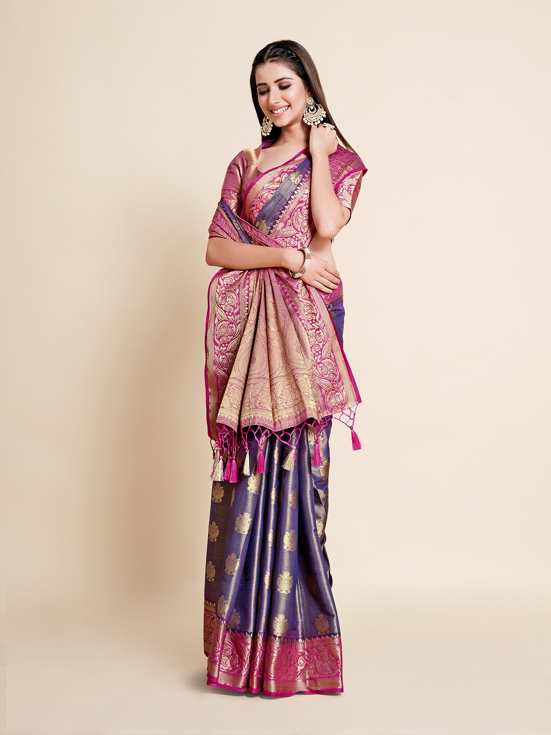 

MIMOSA Navy Blue & Pink Floral Zari Art Silk Kanjeevaram Saree