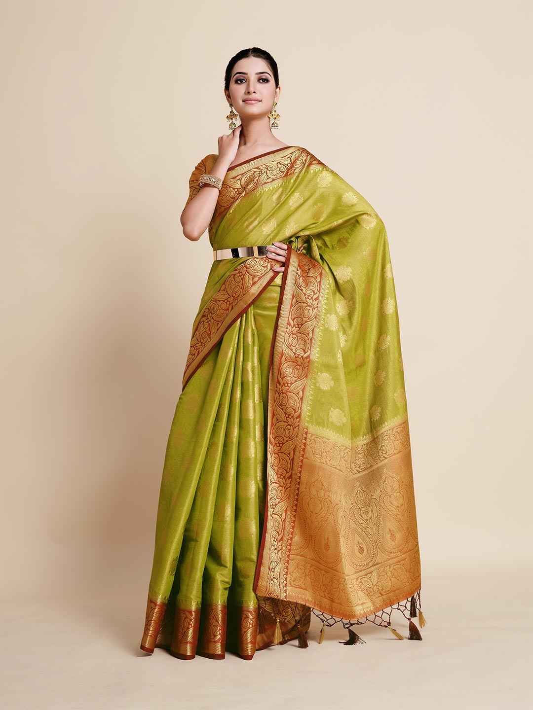 

MIMOSA Olive Green & Gold-Toned Floral Zari Art Silk Kanjeevaram Saree