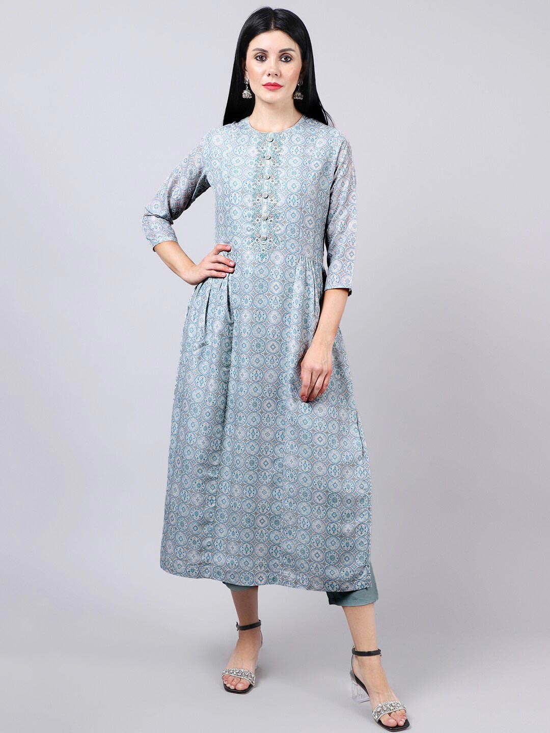 

Stylee LIFESTYLE Turquoise Blue Printed Pure Silk Unstitched Dress Material