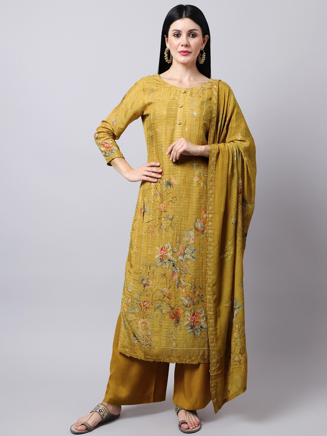 

Stylee LIFESTYLE Mustard Yellow & Red Embroidered Pure Silk Unstitched Dress Material