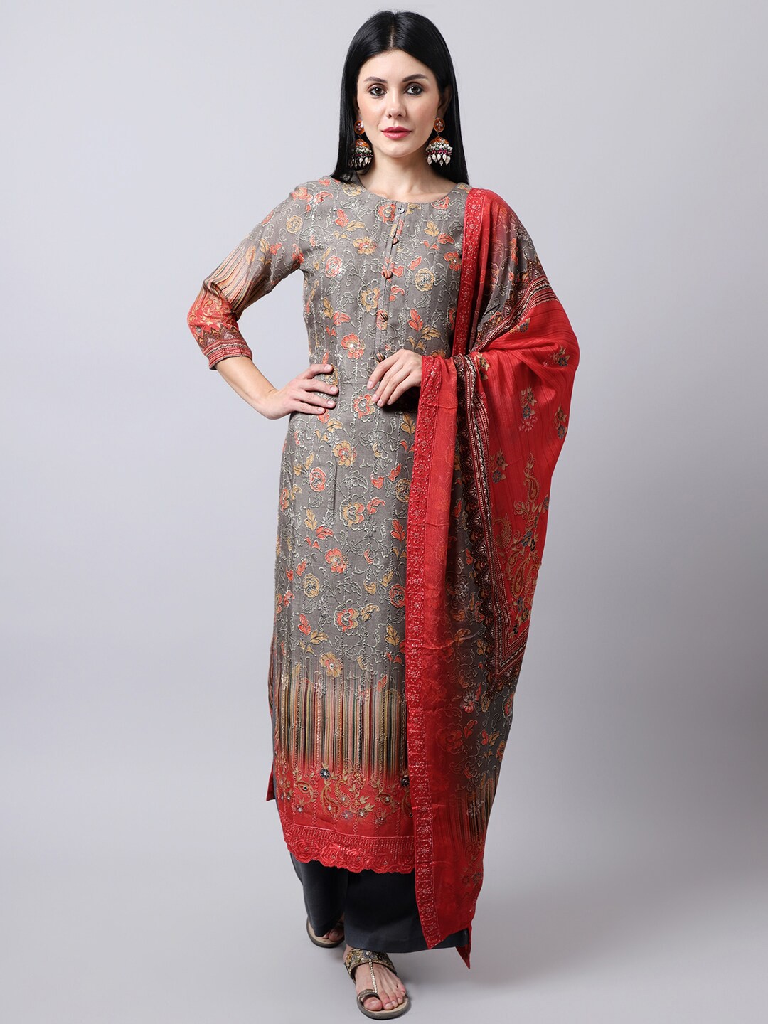 

Stylee LIFESTYLE Grey & Red Embroidered Pure Silk Unstitched Dress Material