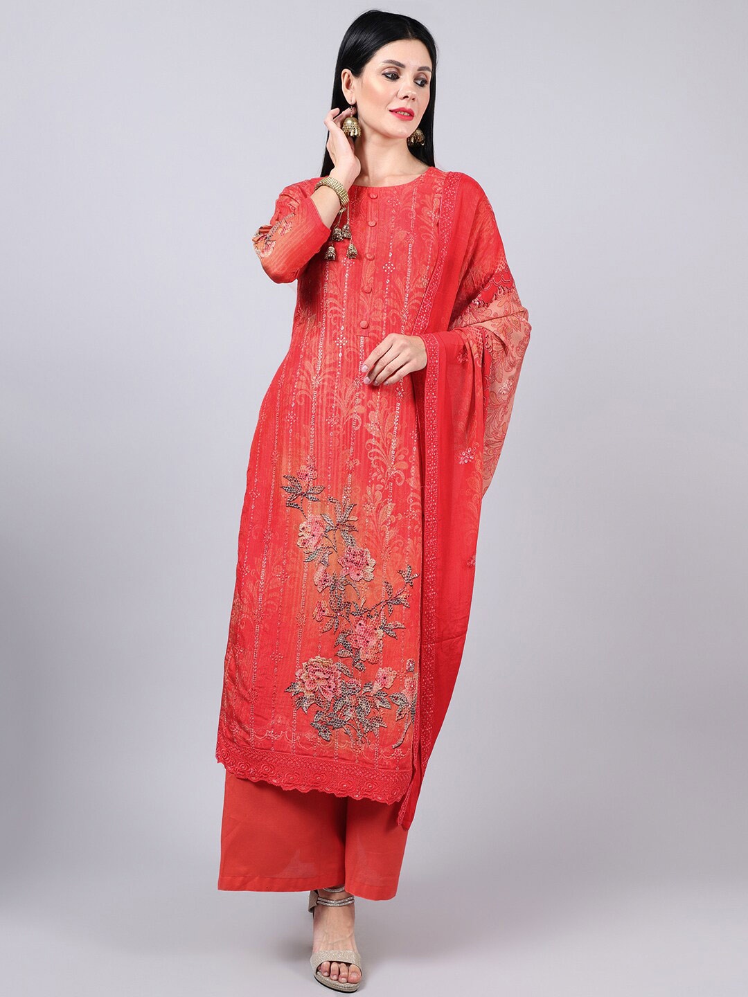 

Stylee LIFESTYLE Red & Grey Embroidered Pure Silk Unstitched Dress Material