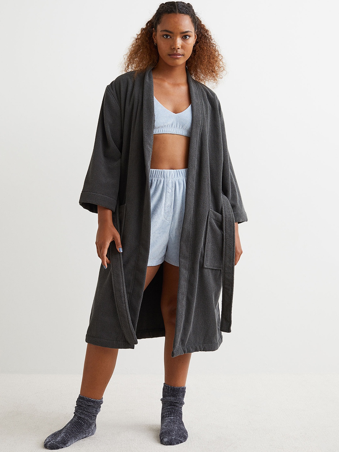

H&M Women Grey Solid Pure Cotton Terry Dressing Gown