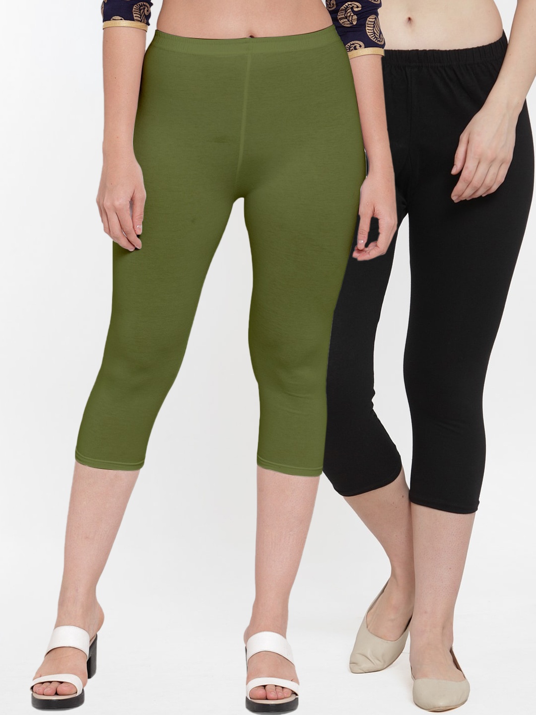 

GRACIT Pack of 2 Women Black & Olive Green Capris