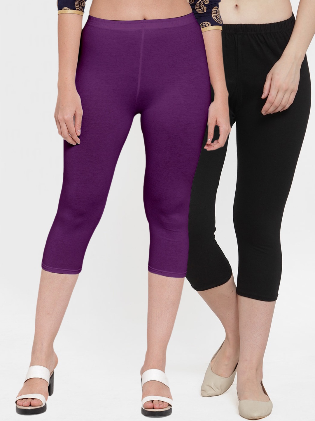 

GRACIT Women Pack of 2 Black & Purple Solid Capris