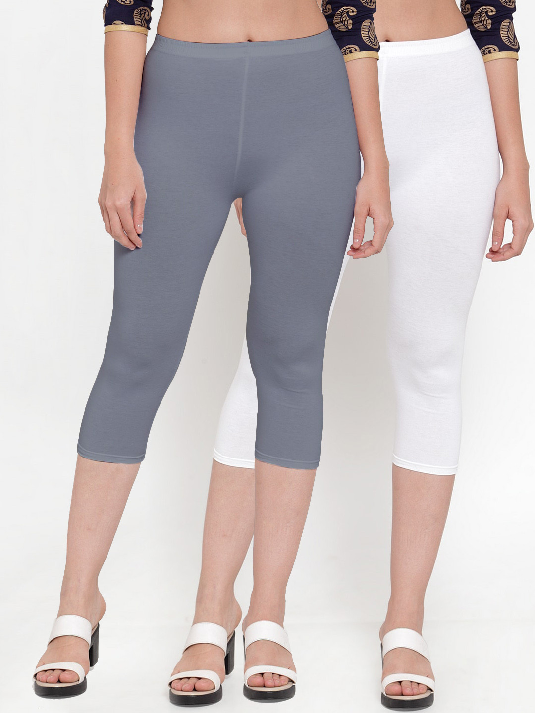 

GRACIT Women White & Grey Cotton Lycra Capri