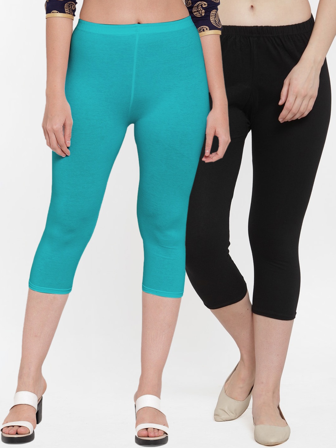 

GRACIT Women Black & Turquoise Blue Set of 2 Capris