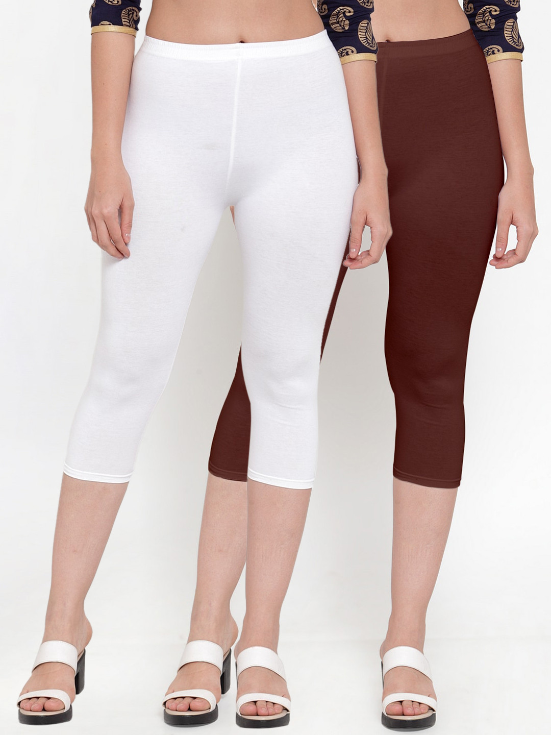 

GRACIT Women Pack of 2 White & Brown Solid Cotton Capris
