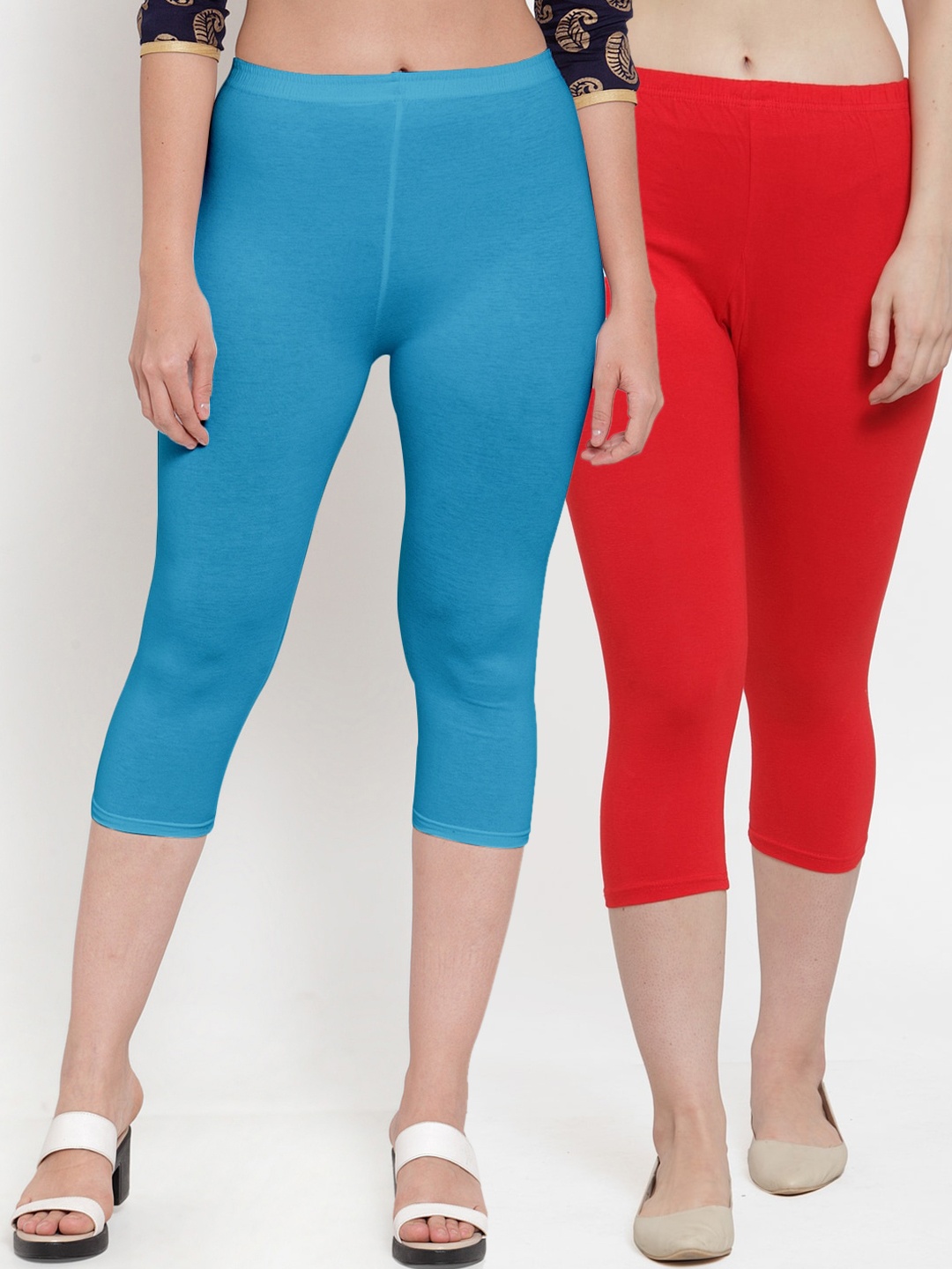 

GRACIT Women Red And Sky Blue Pack of 2 Capris