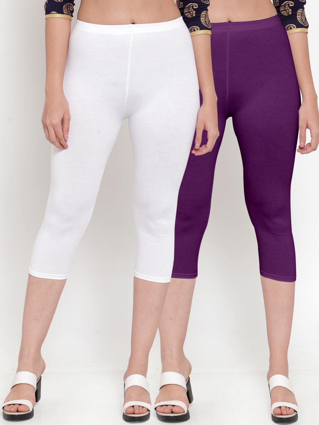 

GRACIT Women Pack of 2 White & Purple Cotton Capris