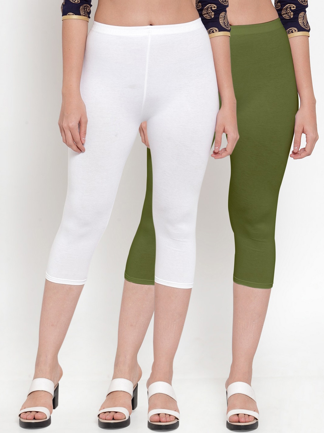 

GRACIT Women White A nd Olive Pack of 2 Capris