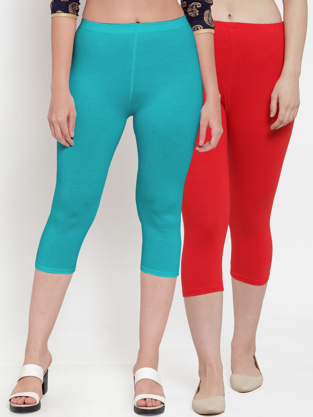 

GRACIT Women Pack of 2 Red & Turquoise Blue Cotton Slim Fit Capris