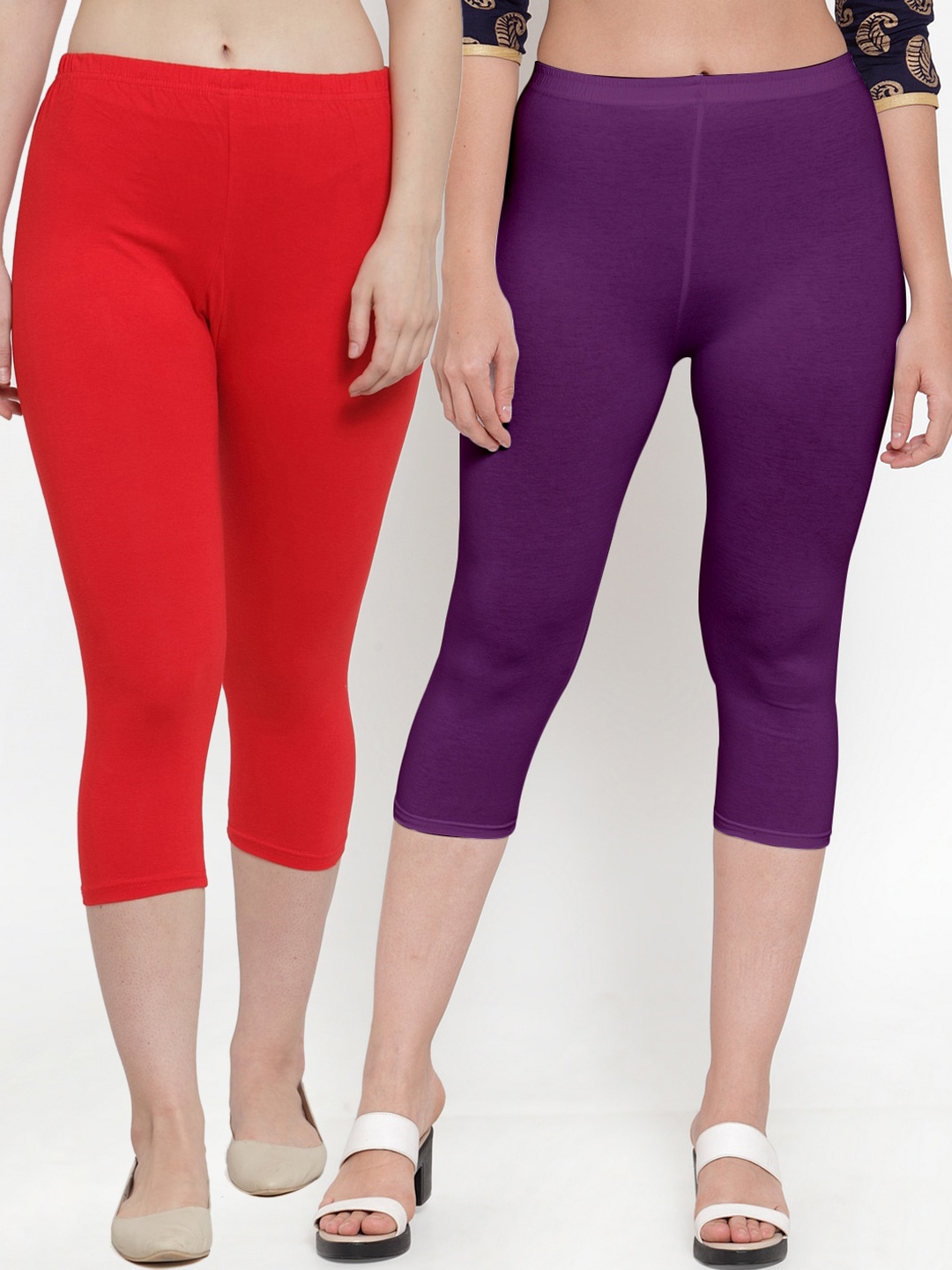 

GRACIT Women Pack of 2 Red & Purple Cotton Lycra Capris