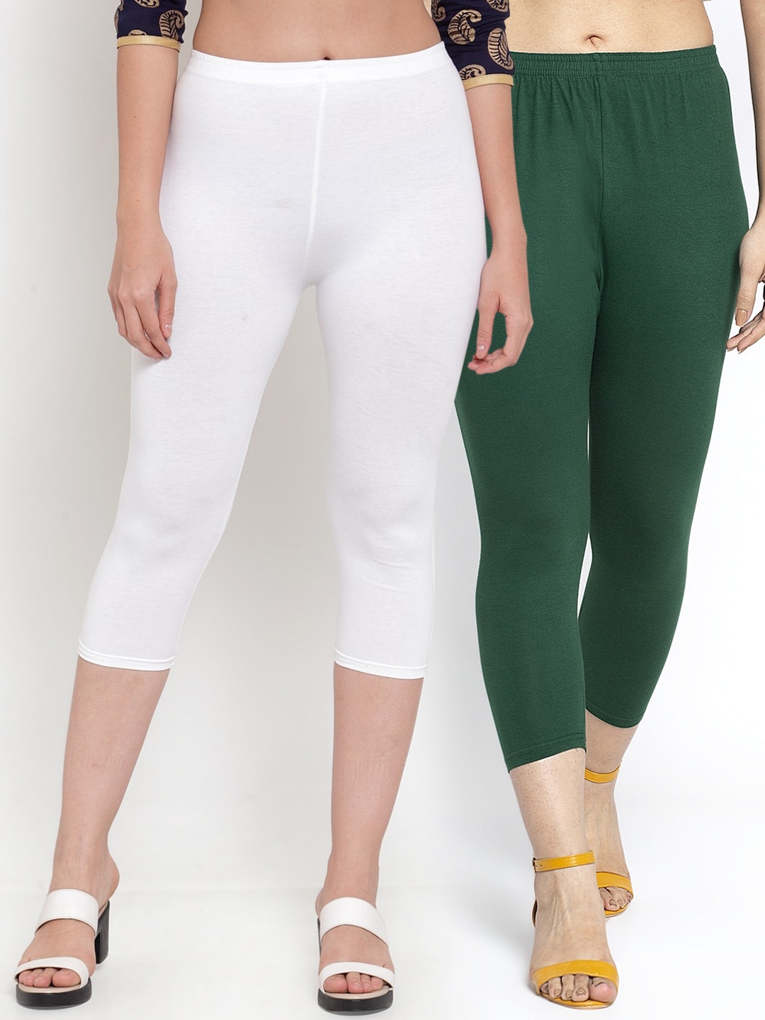 

GRACIT Women Pack of 2 White & Green Cotton Lycra Capris