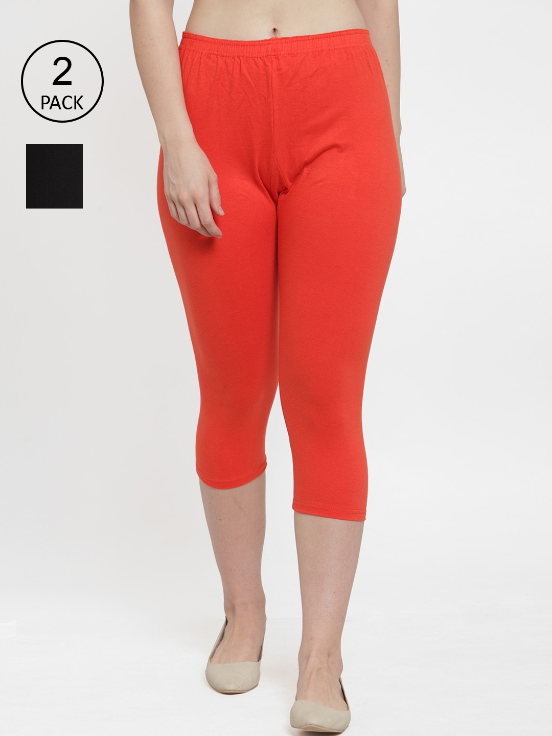 

GRACIT Women Pack of 2 Black & Orange Cotton Capris