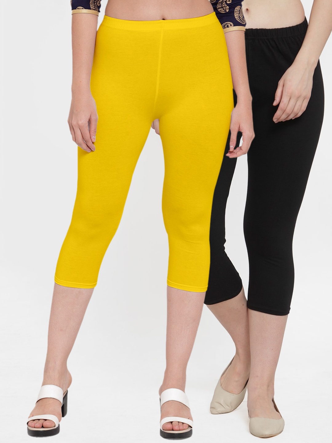 

GRACIT Women Pack of 2 Black & Yellow Capris