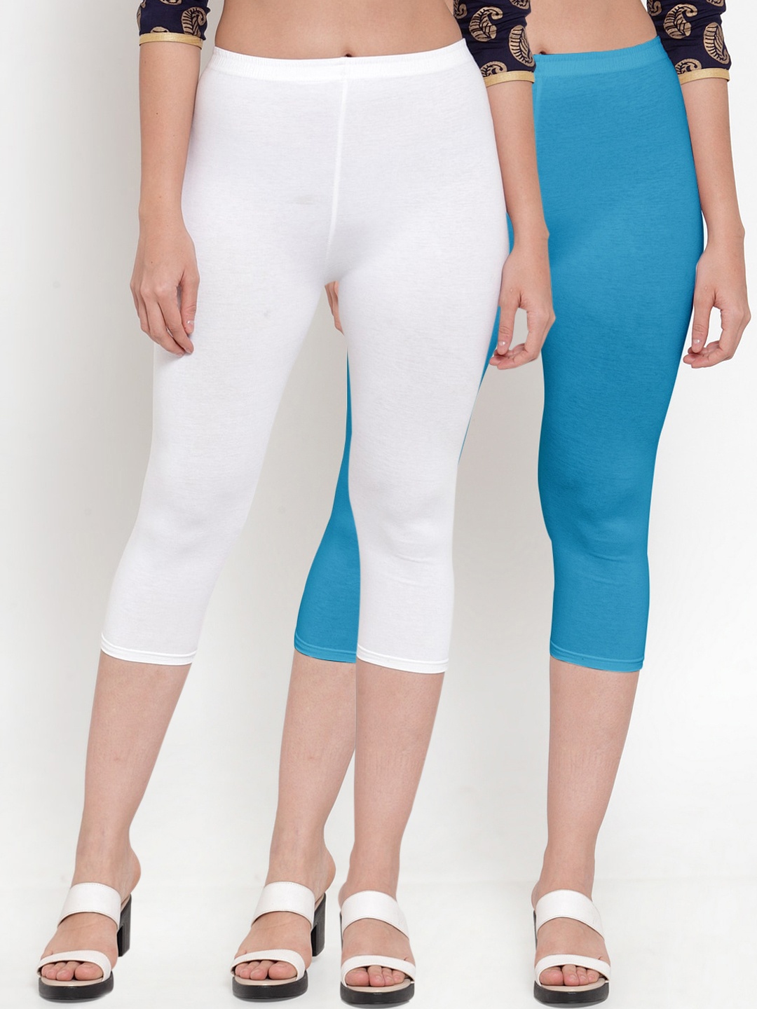 

GRACIT Women White And Sky Blue Pack of 2 Capris