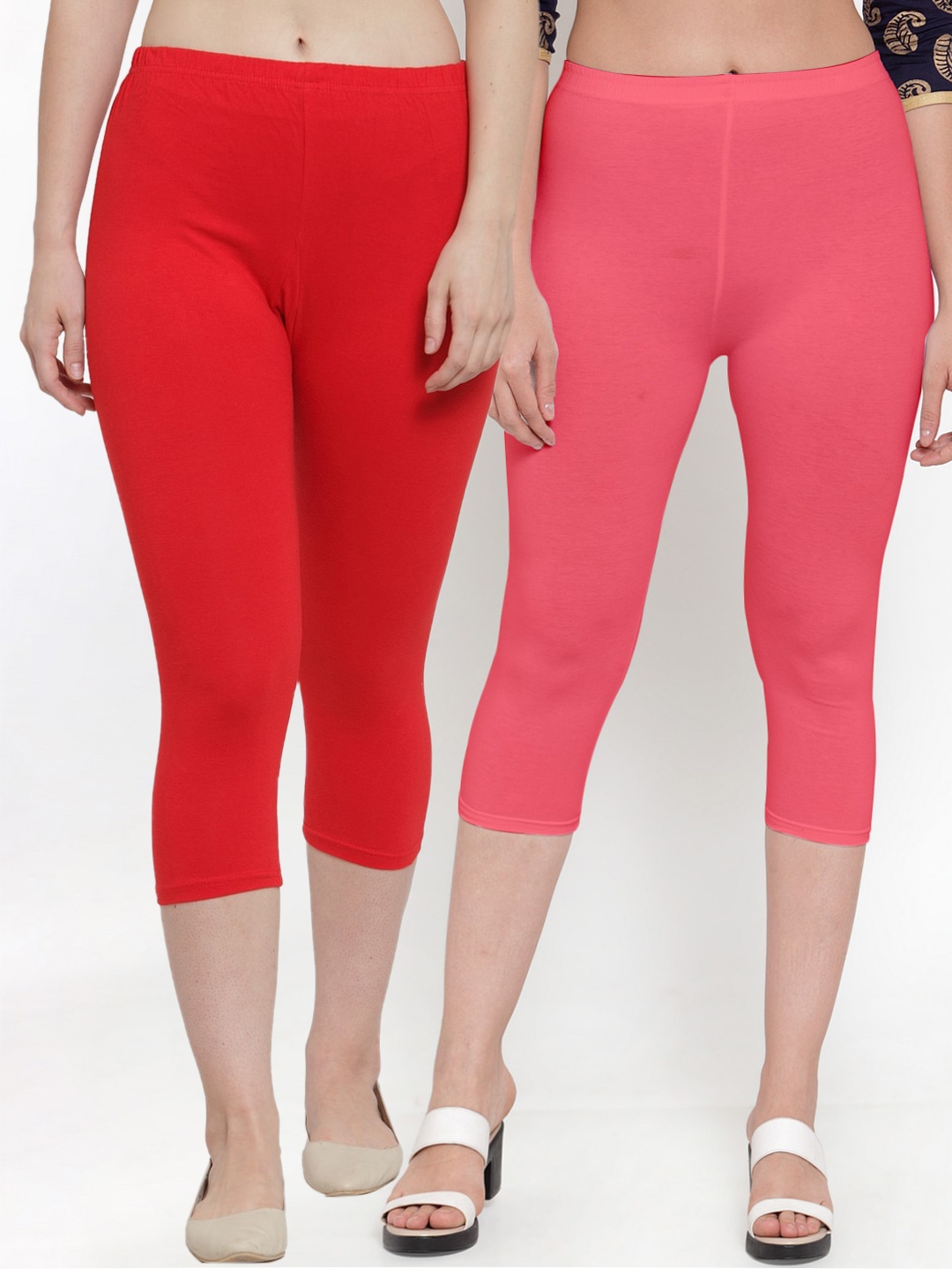 

GRACIT Women Pack of 2 Red & Pink Solid Capris