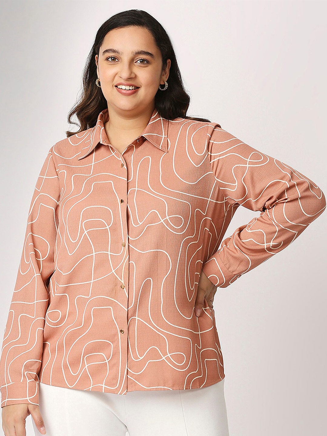 

20Dresses Women Plus Size Brown Abstract Printed Casual Shirt