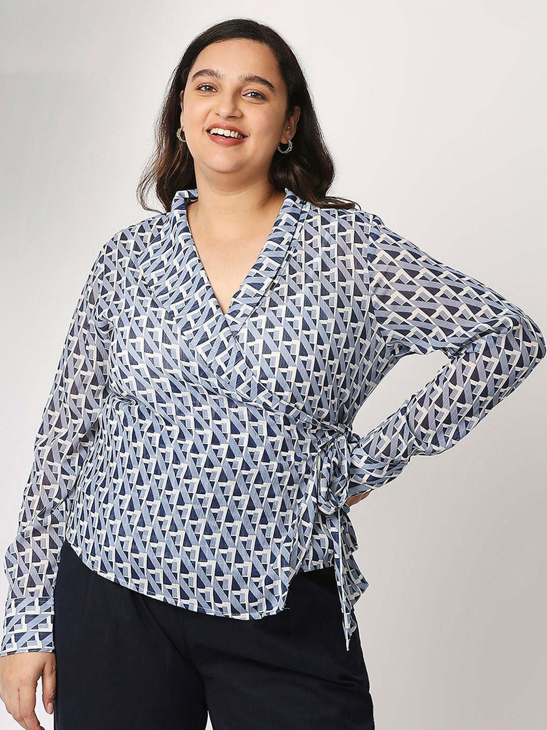 

20Dresses Women Plus Size Blue Geometric Print Chiffon Wrap Top