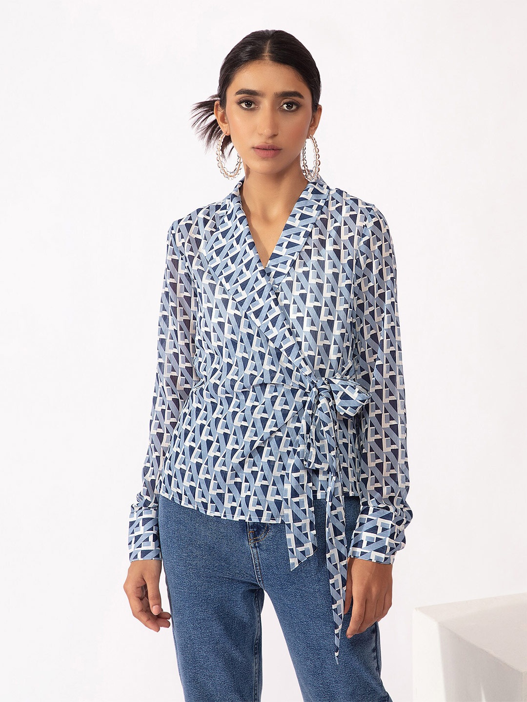 

20Dresses Blue Geometric Print Chiffon Wrap Top