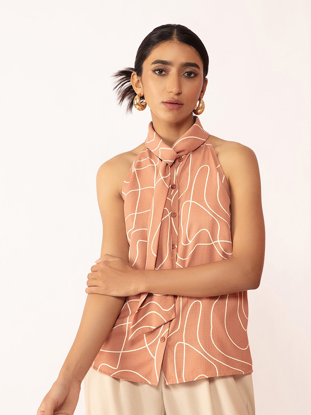 

20Dresses Women Brown & White Print Shirt Style Top