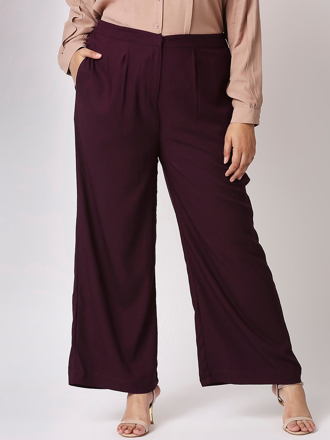 

20Dresses Women Plus Size Maroon High-Rise Pleated Trousers