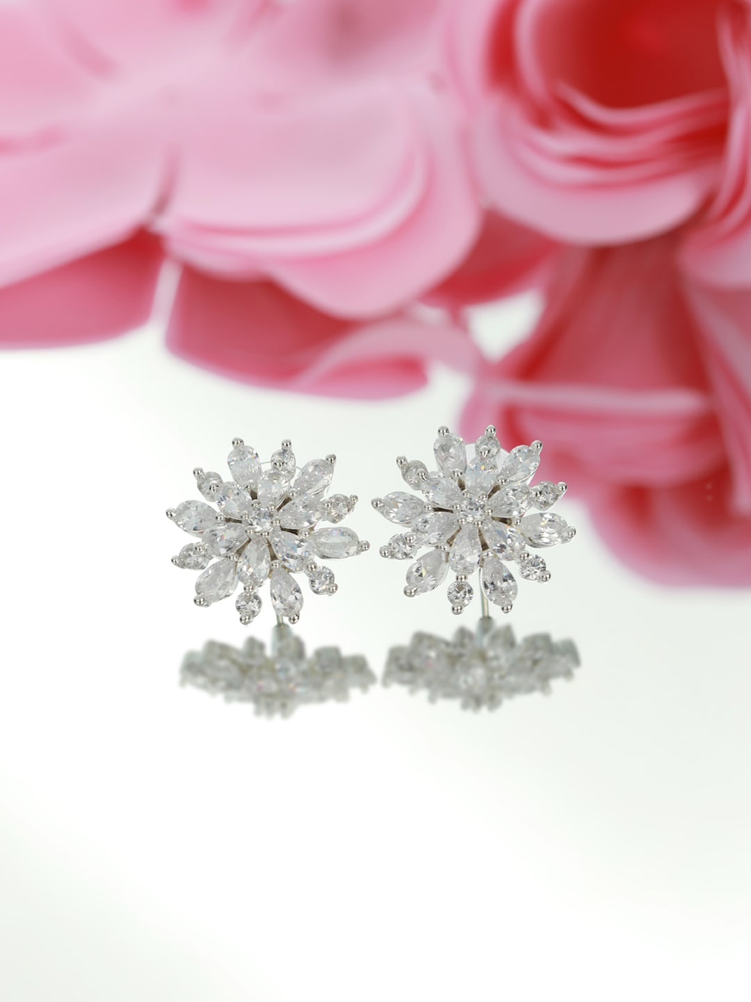 

Jazz and Sizzle 925 Sterling Silver Rhodium-Plated Shining AD Studded Floral Studs