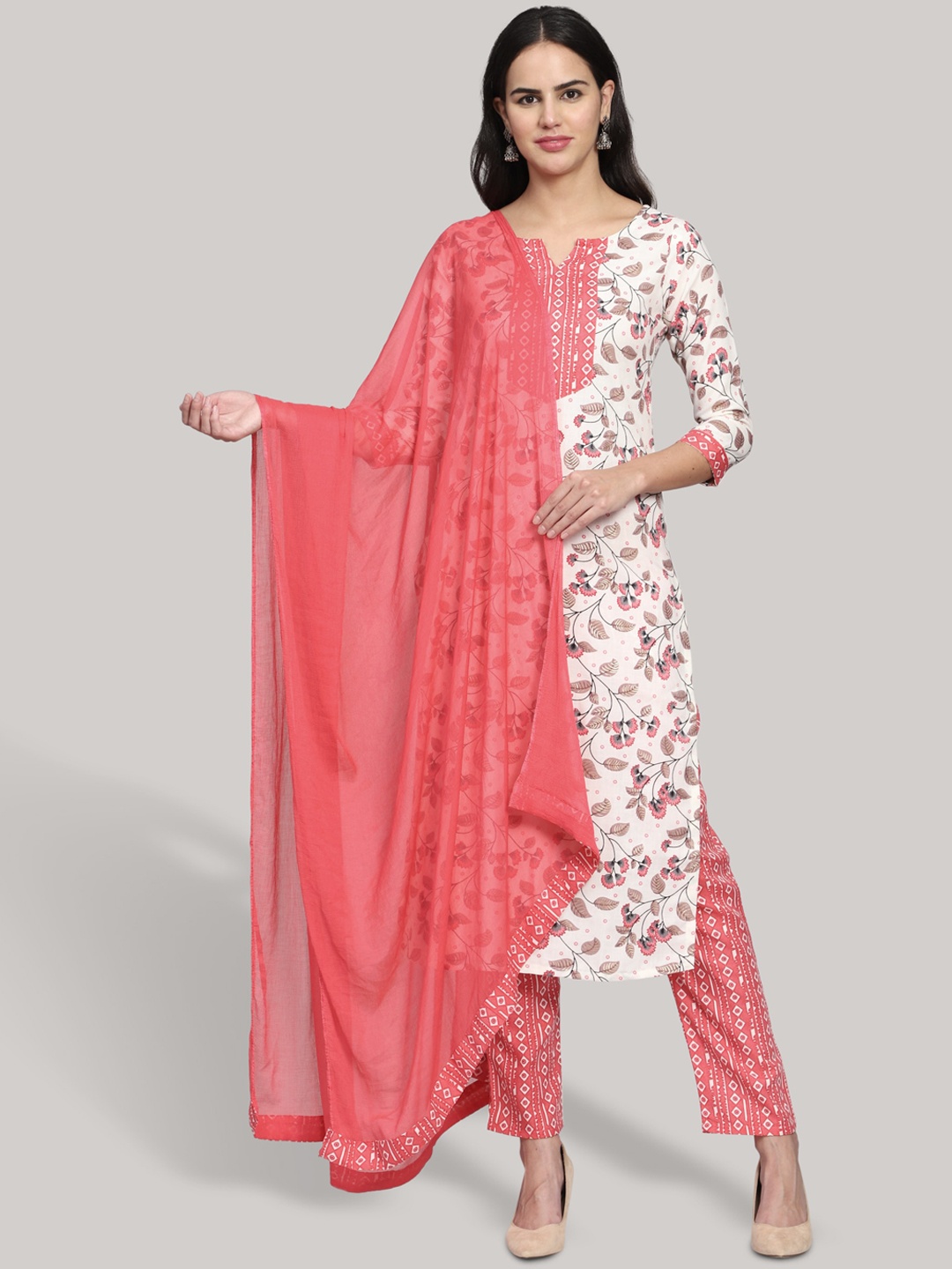 

Anuthi Women Pink Floral Printed Kurta with Trousers & With Dupatta