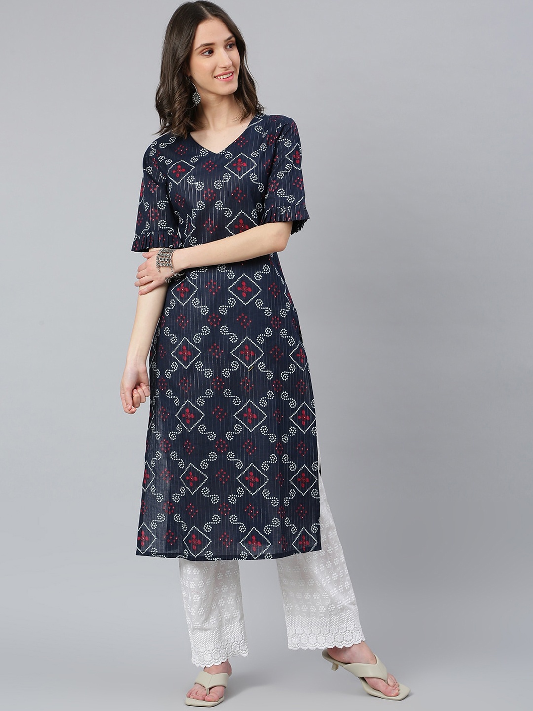 

Idalia Women Blue Geometric Printed Flared Sleeves Kurta