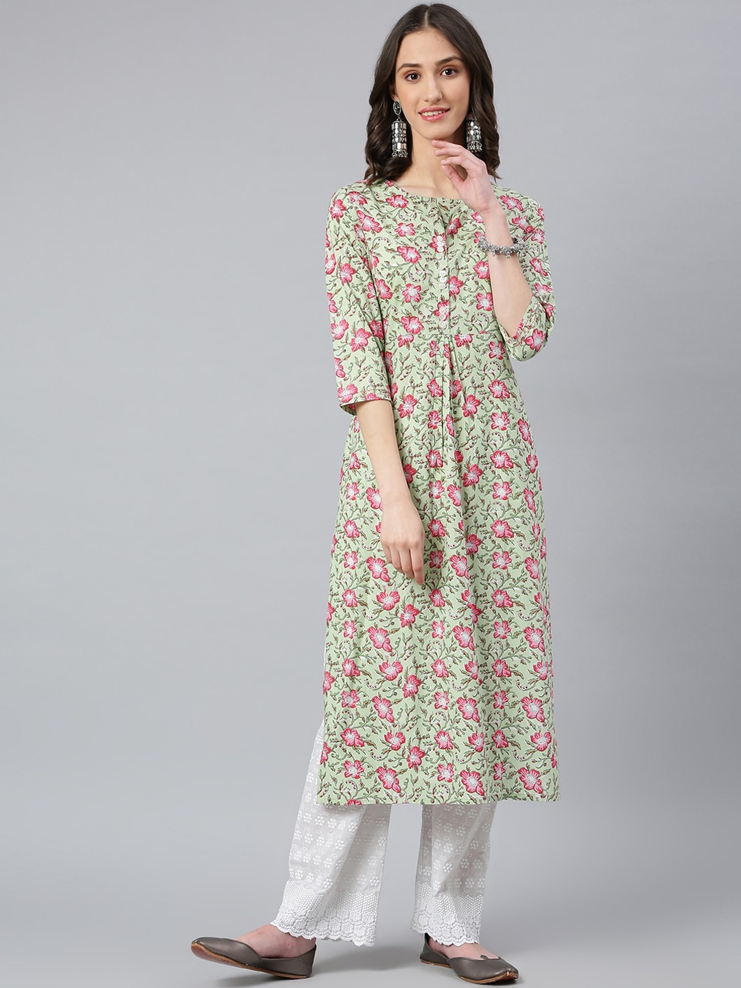 

Idalia Women Green & Pink Floral Printed Cotton Kurta