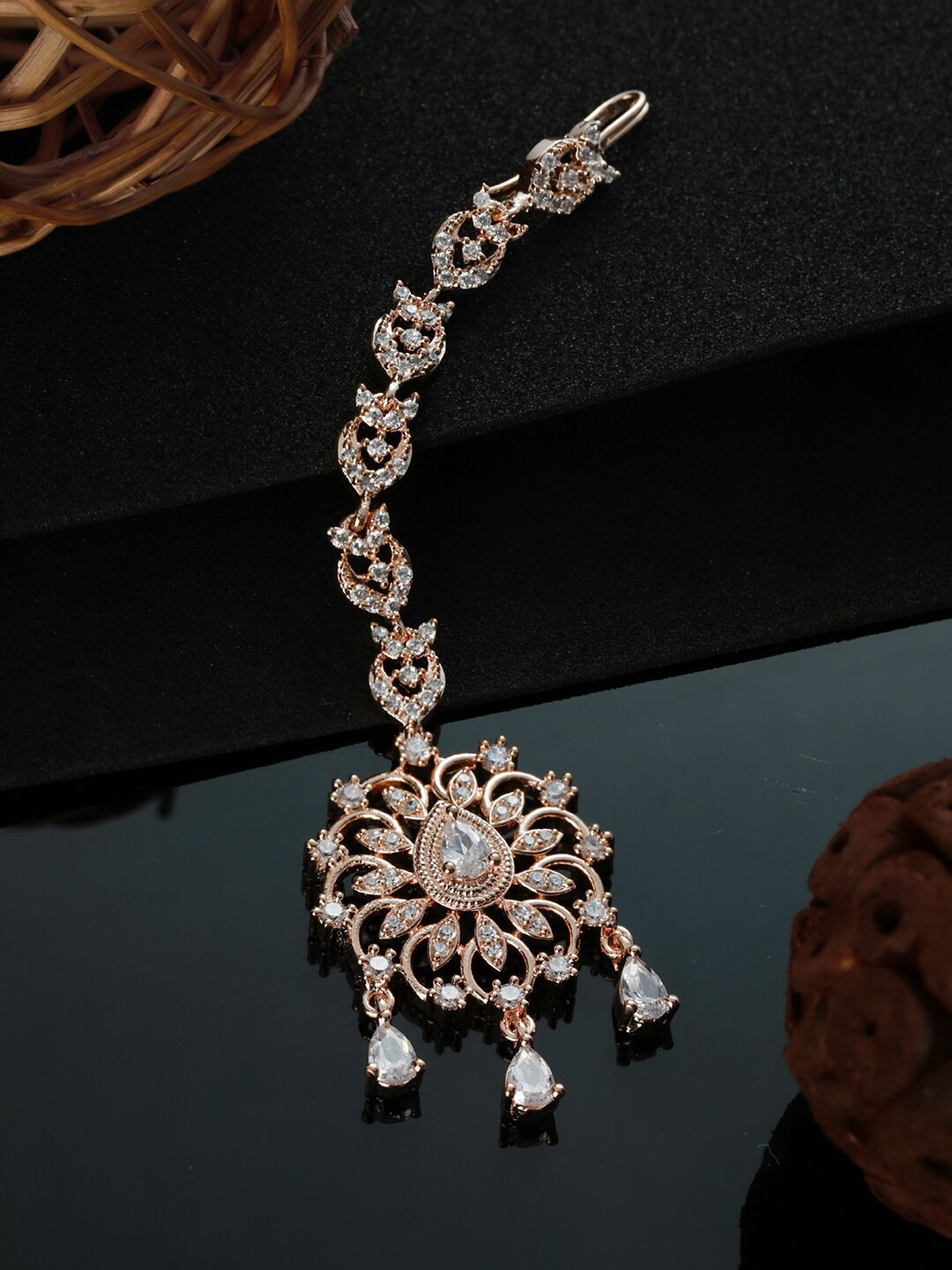 

Jazz and Sizzle Rose Gold-Plated & White American Diamond Studded Maangtikka