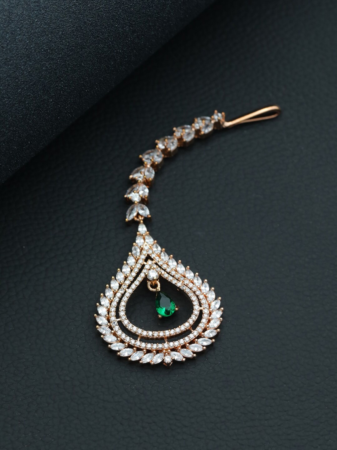 

Jazz and Sizzle Gold-Plated White & Green AD-Studded Handcrafted Maang Tikka, Rose gold