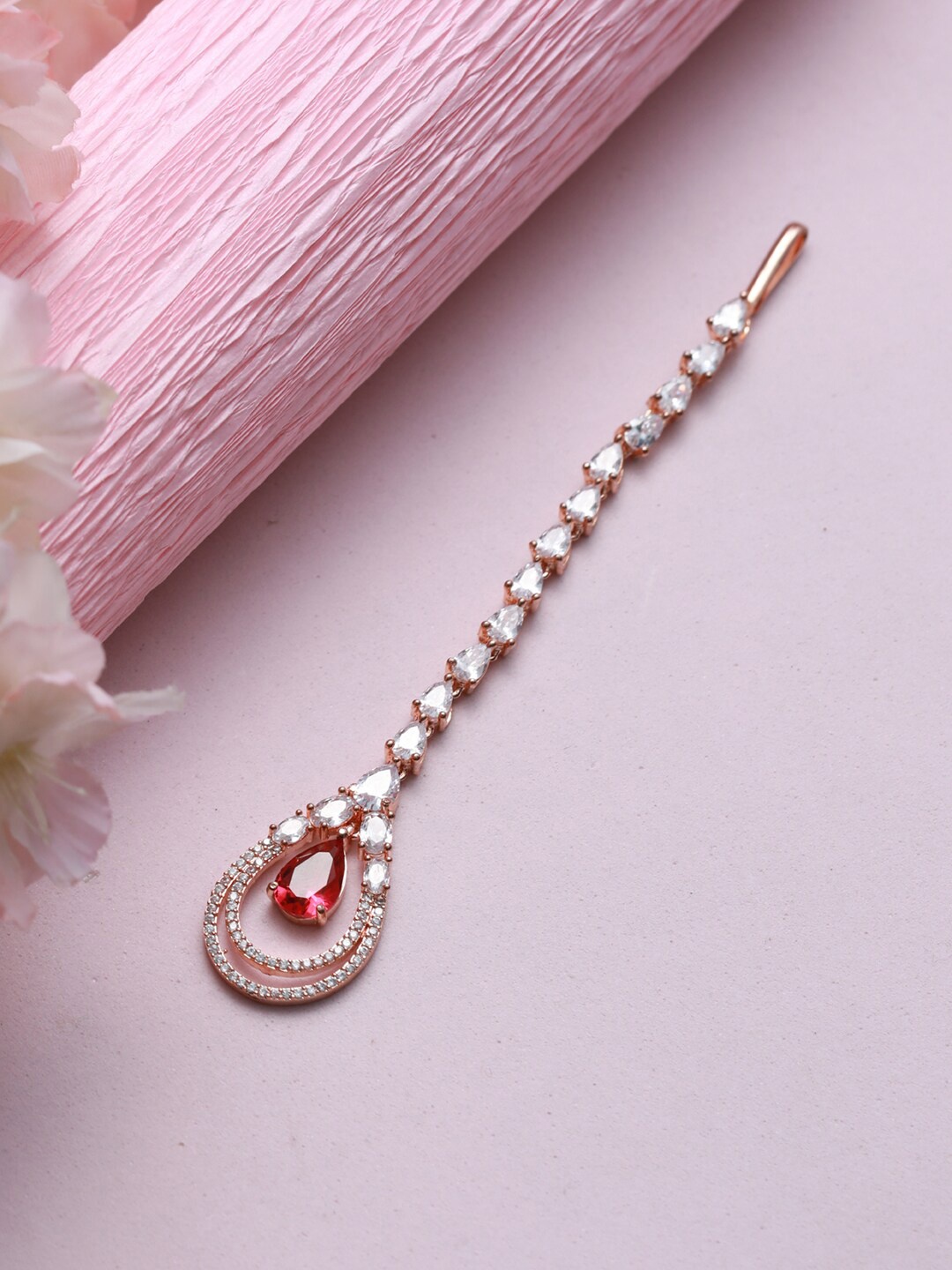 

Jazz and Sizzle Rose Gold-Plated White & Pink AD-Studded Maang Tikka