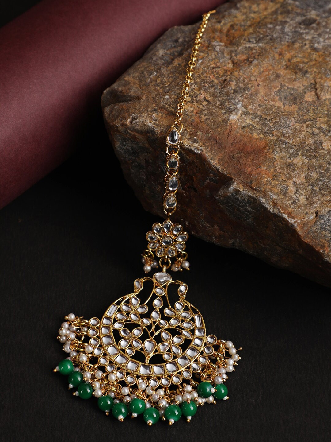 

Jazz and Sizzle Gold-Plated Green & White Stone-Studded Head Jewellery