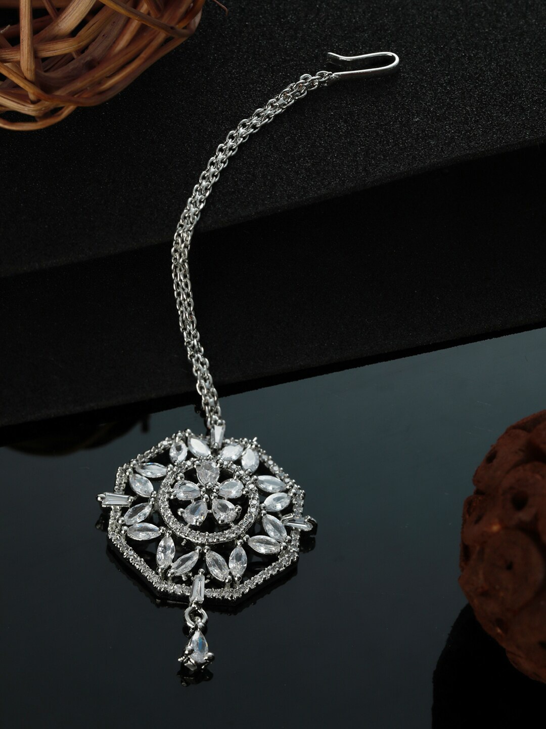 

Jazz and Sizzle Silver-Plated White AD & CZ Studded Maangtika