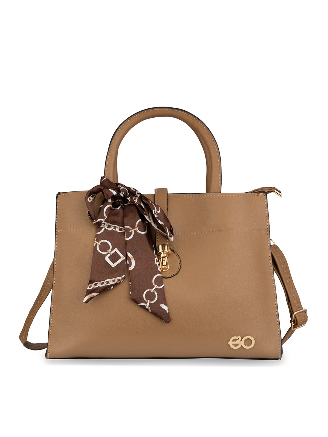 

E2O Solid Khakhi And Fancy PU Structured Handheld Bag, Khaki